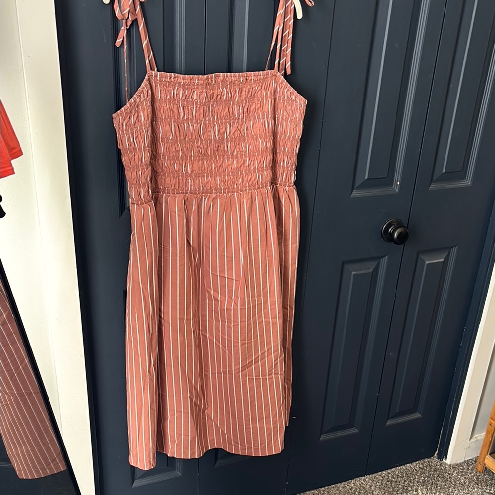 Striped Poplin Midi Dress with pockets, Tie Straps, smocked top, Teracotta color